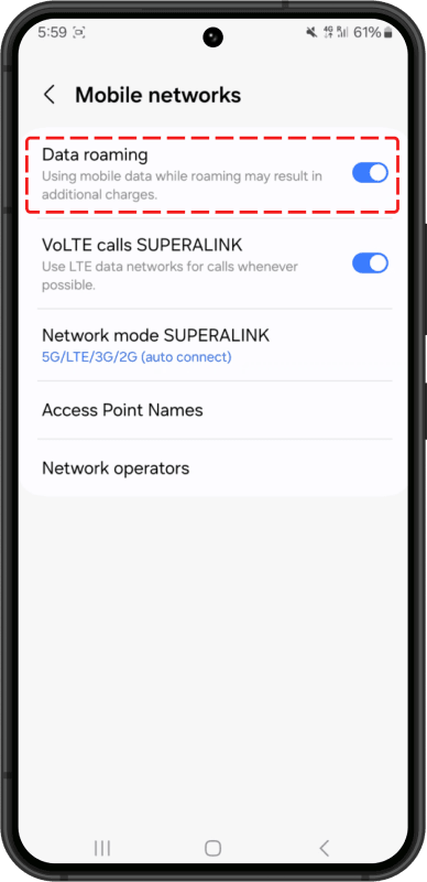2. Switch ON “Data Roaming”
