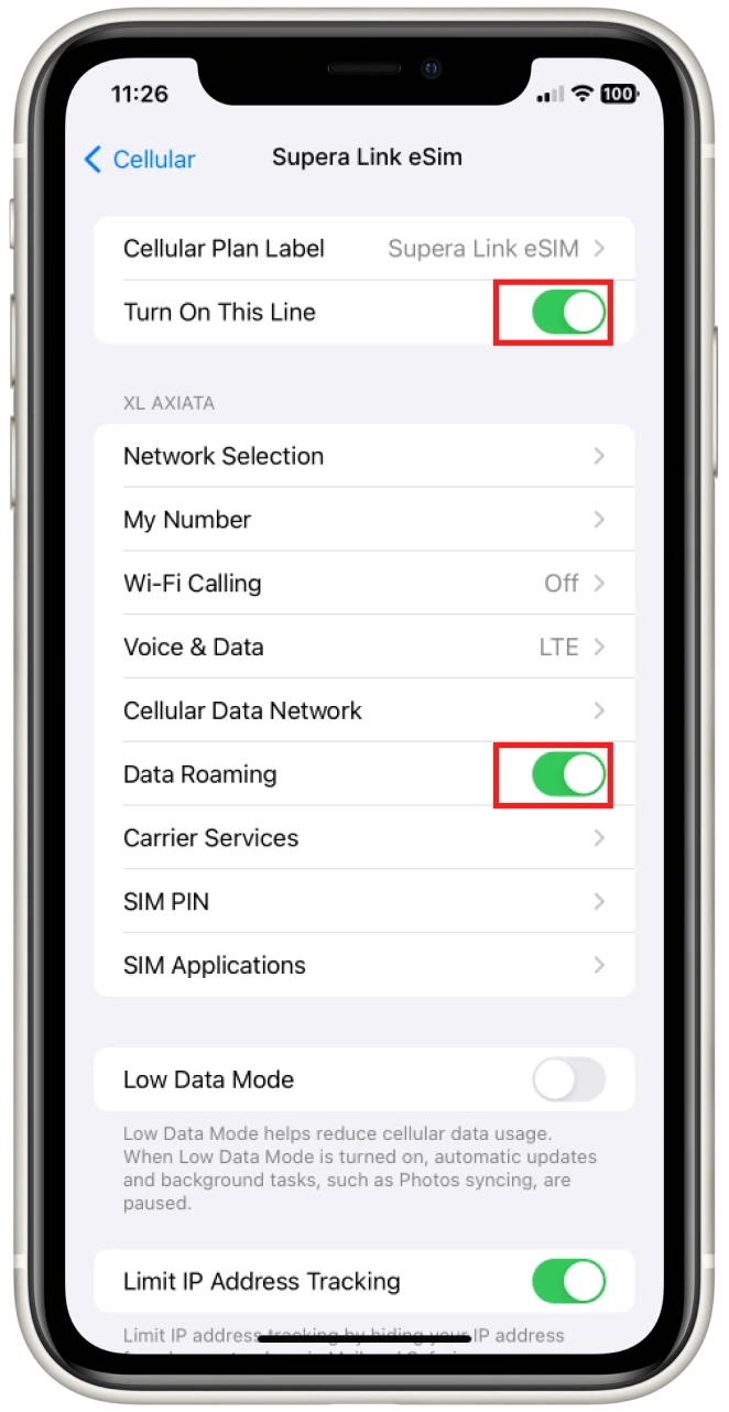 Turn on Supera Link eSIM and Data Roaming